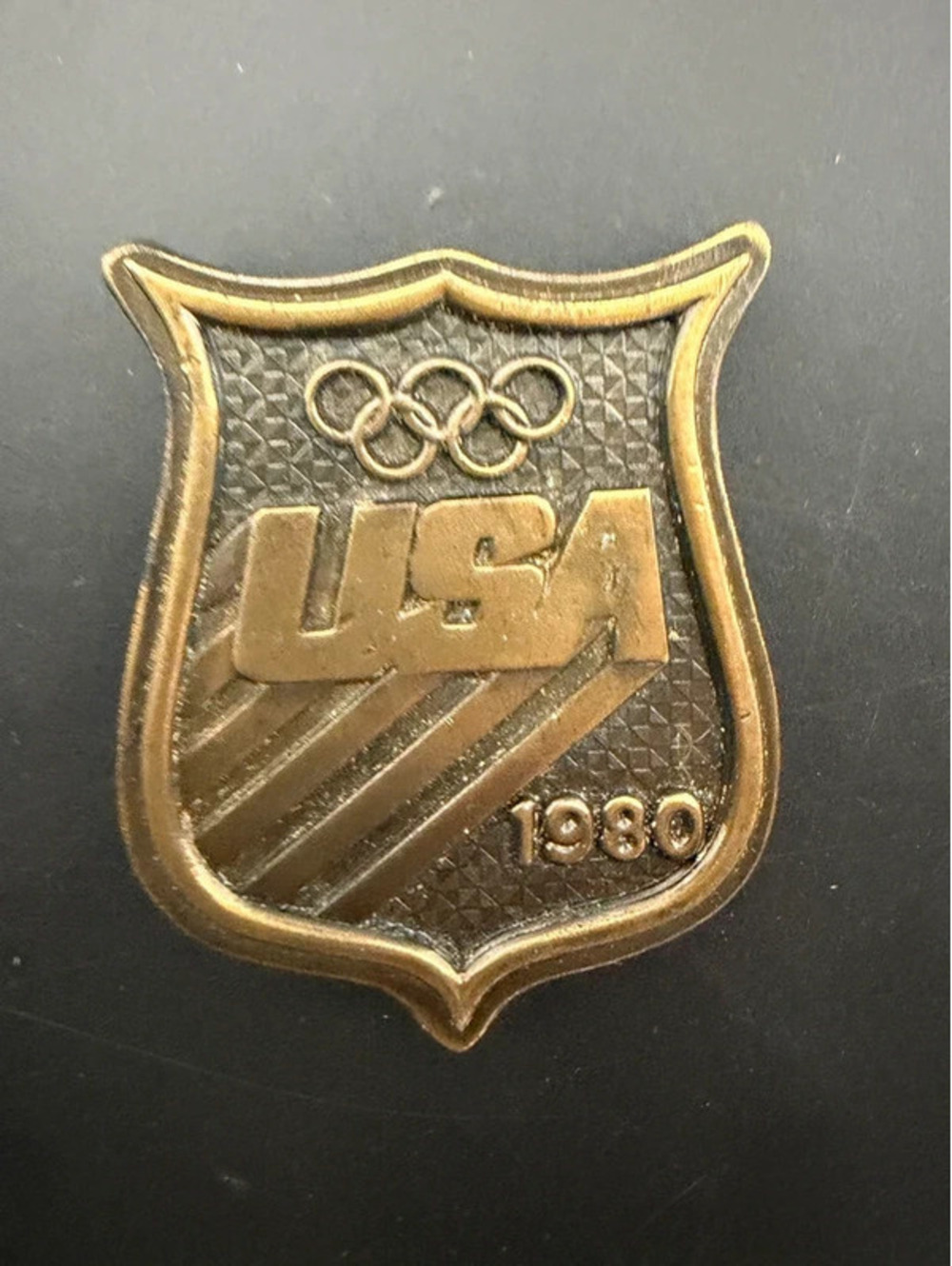 Vintage USA 1980 Shield Shaped Brass Belt Buckle by Bergamot